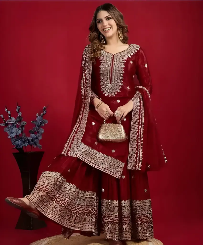 New Chinnon Silk With Heavy Embroidery Work Top-Plazo And Dupatta Set (M)