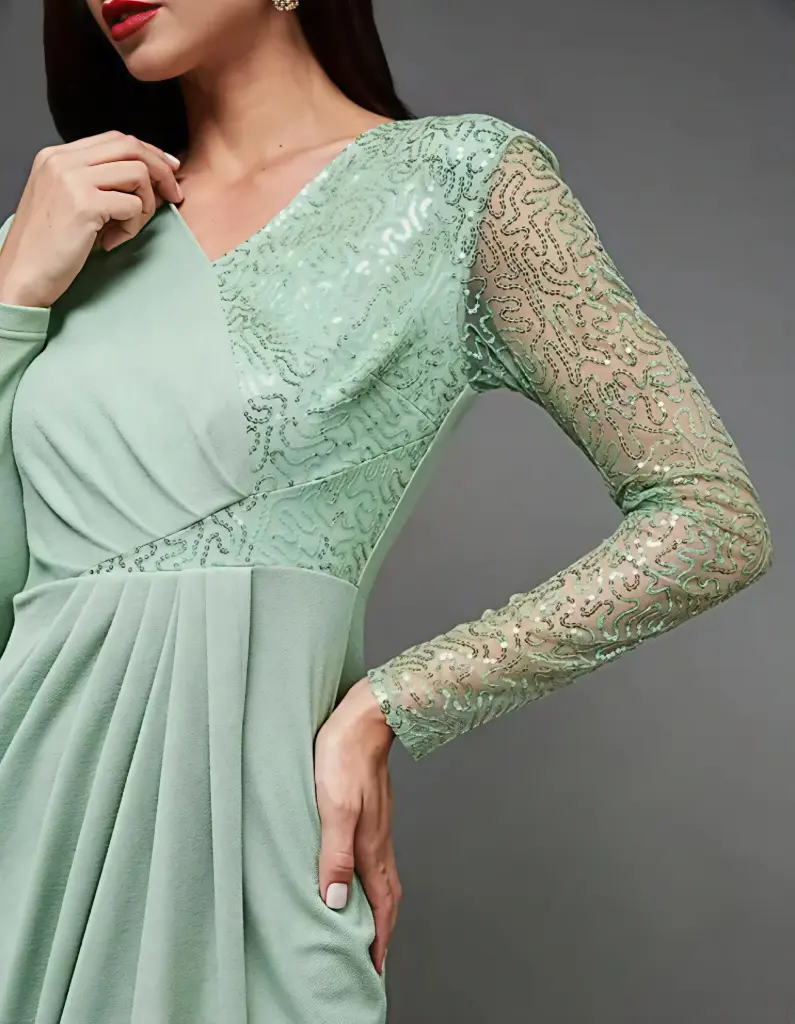 Mint V-Neck Full Sleeve Slim Fit Longline Dress with Embellishments and Pleats in Polyester (M)