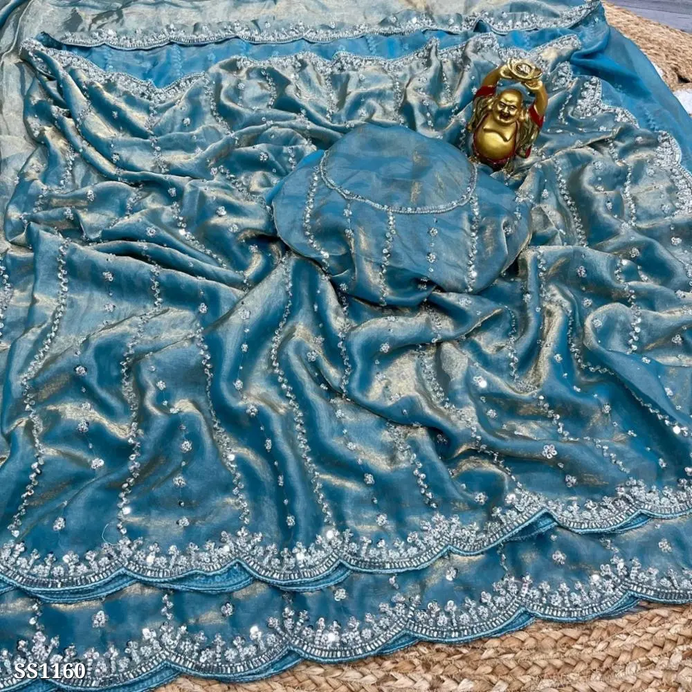 Pure Fandy Sattin Silk Saree with Original Beeda Work  (light blue)